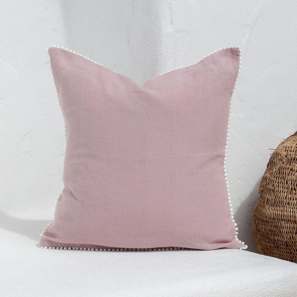 2 Magic Linen pom pom trim linen pillowcase in Woodrose 26x26 inches